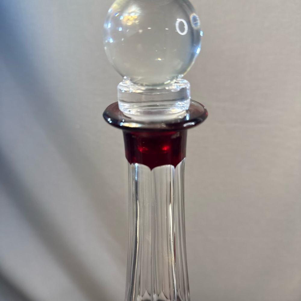 Vintage Bohemian Cranberry to Clear Cut Glass Crystal Decanter with Stopper - Picture 5 of 10
